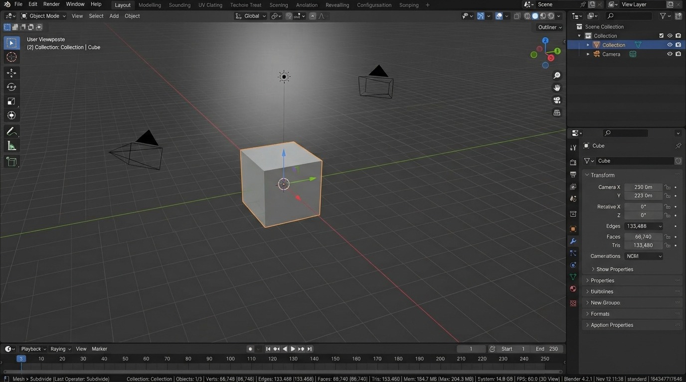 De onderste statusbalk van het Blender-venster over de volledige breedte: links de naam van de laatst uitgevoerde operator, in het midden scene-statistieken (aantal vertices, faces, objecten), rechts een geheugen- en framerate-indicatie met de versie-info helemaal rechts.