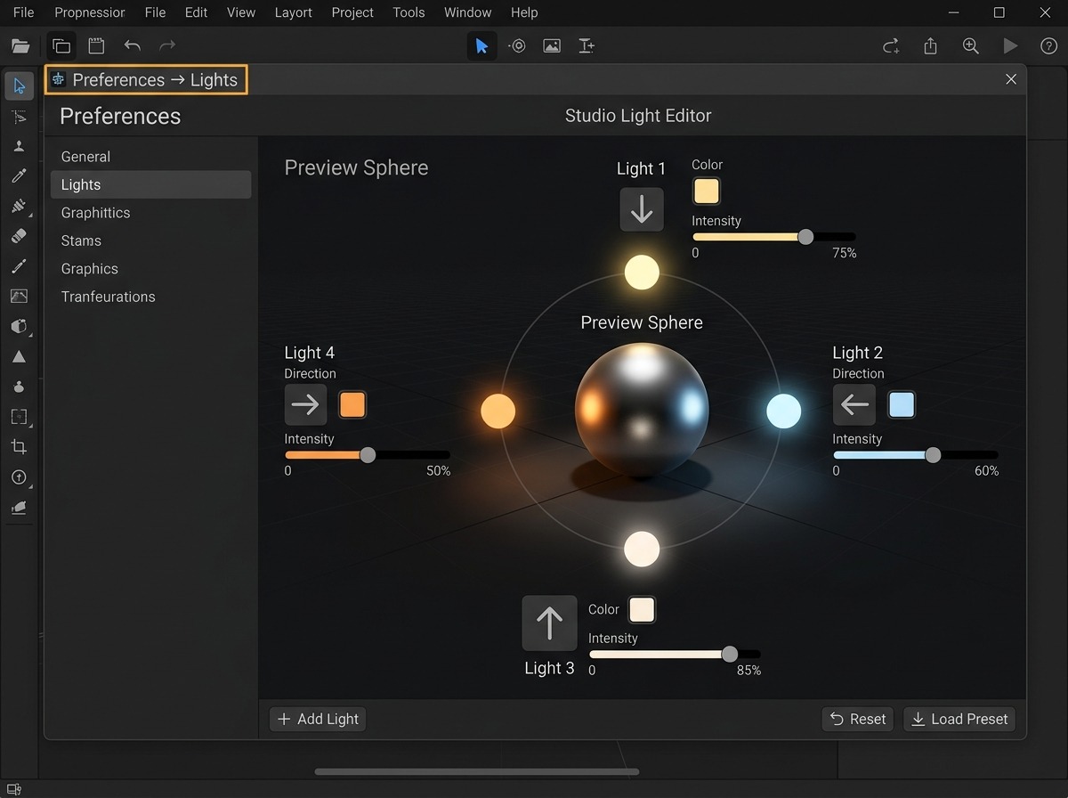 De Studio Light-editor in Preferences → Lights: vier kleine lichtbolletjes rond een centrale preview-bol op een donkere achtergrond, elk lampje met een eigen richtingspijl, kleurvlak en sterkteschuifje ernaast.