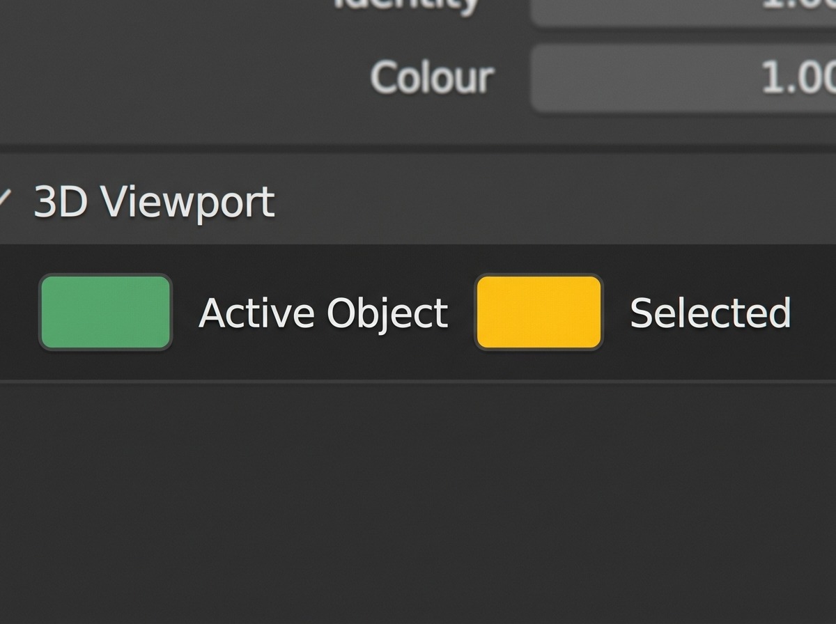 Preferences → Themes-tab, sectie 3D Viewport → Theme Space: de kleurvelden voor de X/Y/Z-asaanduidingen en het grid bovenaan, met de Selected- en Active Object-kleurvelden er net onder, elk als een klein gekleurd vierkantje met label.