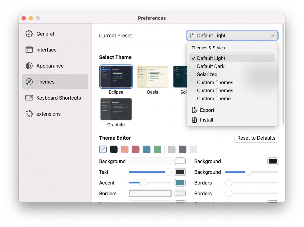Preferences → Themes-tab met het presetmenu bovenaan opengeklapt: de opties Export en Install staan na elkaar in de lijst, elk met een bestandsicoon ernaast.