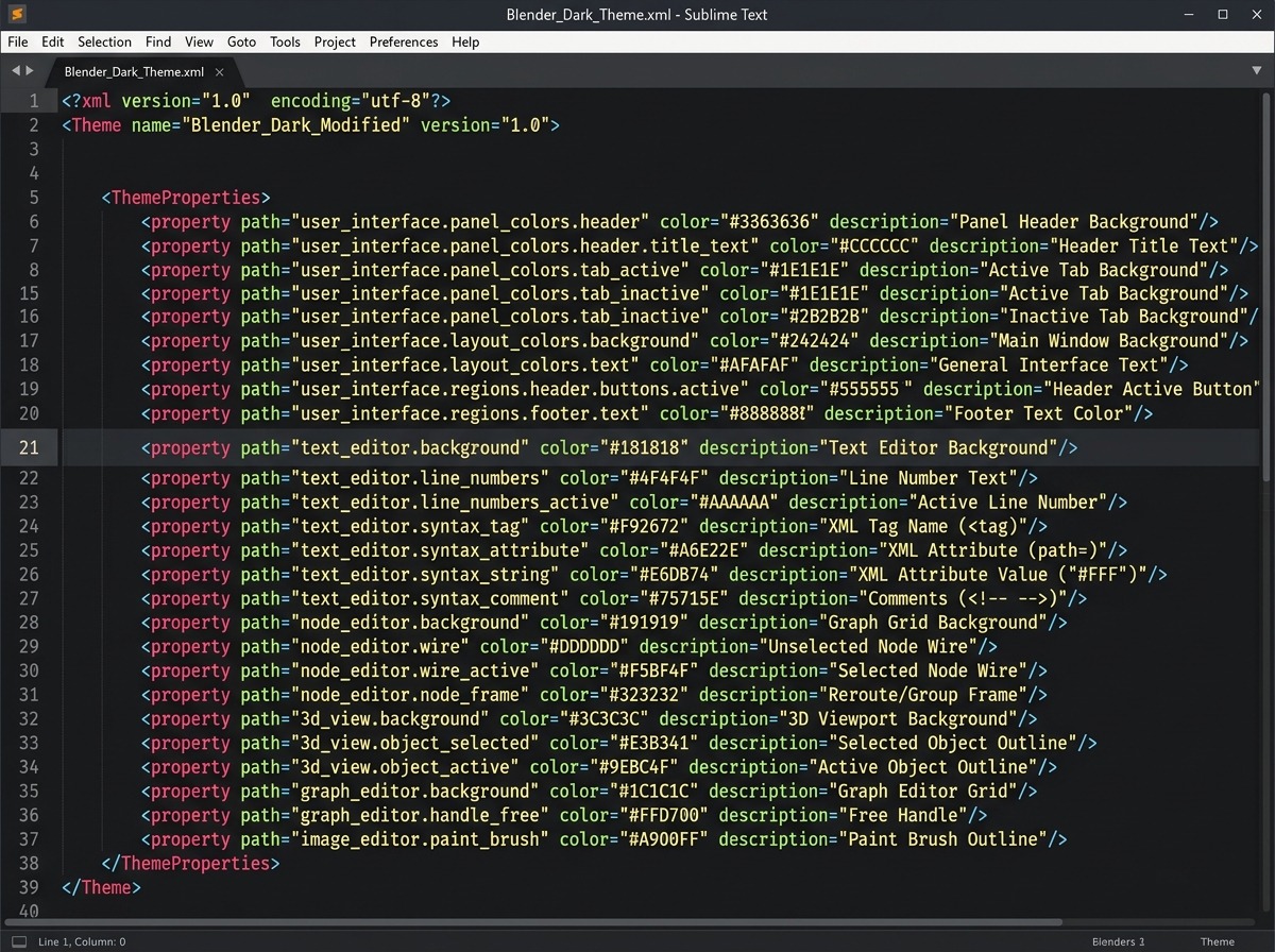 Een teksteditor-venster met een geopend .xml-thema-bestand: leesbare regels met kleurwaarden (RGB-getallen) en hun volledige data-path ernaast, zoals een geëxporteerd Blender-thema er buiten Blender uitziet, in een monospace-lettertype met regelnummers links.