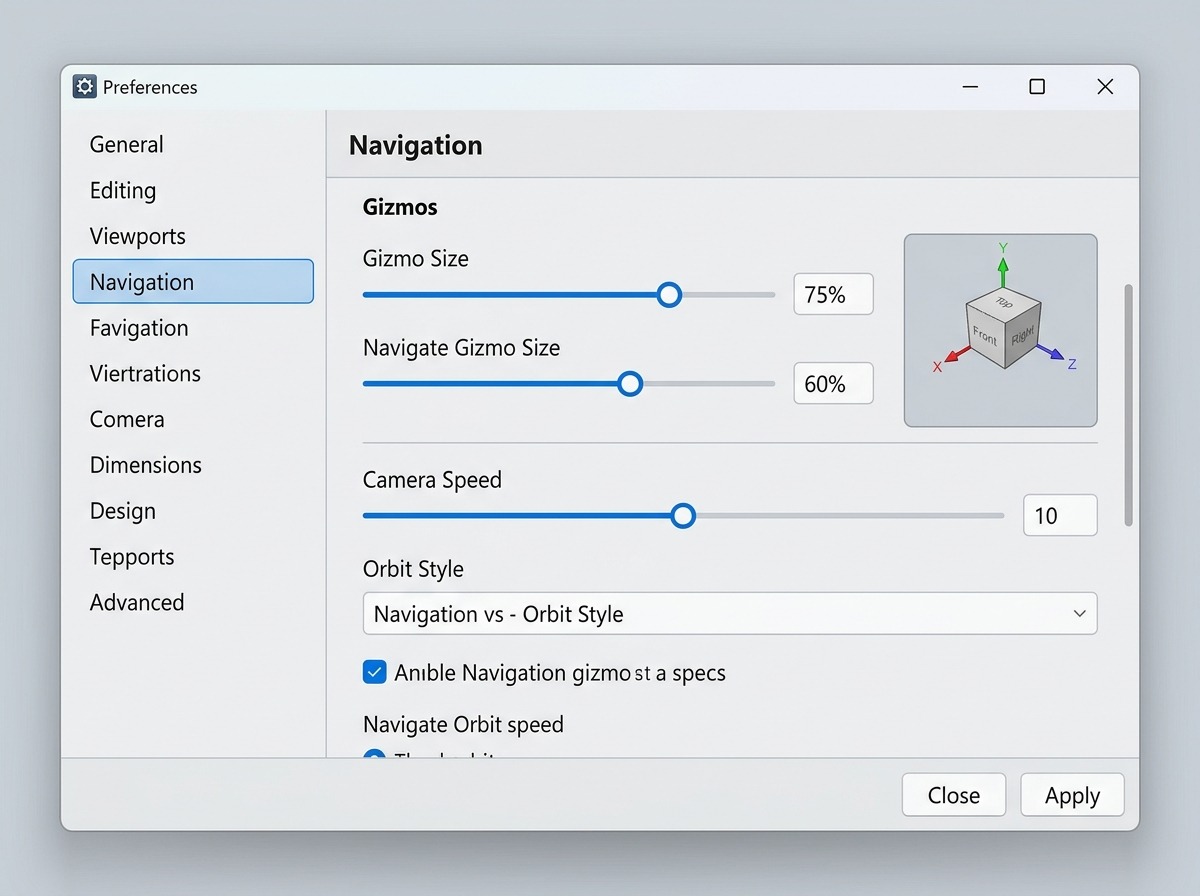Preferences → Navigation-tab, sectie Gizmos: de schuifregelaars Gizmo Size en Navigate Gizmo Size met hun waarden, en rechts een kleine live-preview van de navigatiegizmo die meebeweegt met de schuifregelaar.