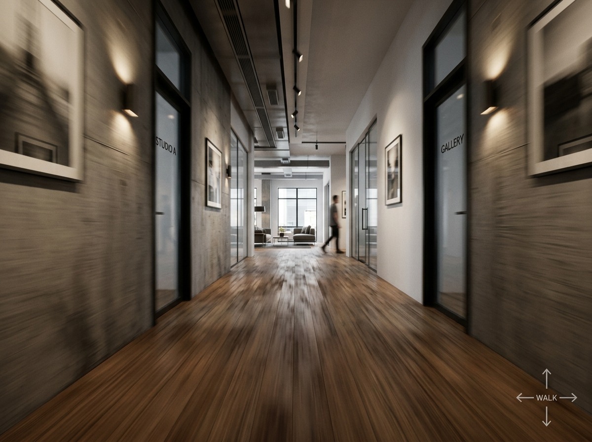 Een 3D-viewport in Walk Navigation-modus door een architecturale scene met meerdere kamers: het aanzicht ligt laag bij de grond, kijkend een gang in, met een lichte richtingsgebonden motion-blur op vloer en muren die voorwaartse beweging suggereert. Rechtsonder een subtiel navigatiekruisje-overlay. Sfeer van doorlopen, niet van een stilstaand aanzicht.