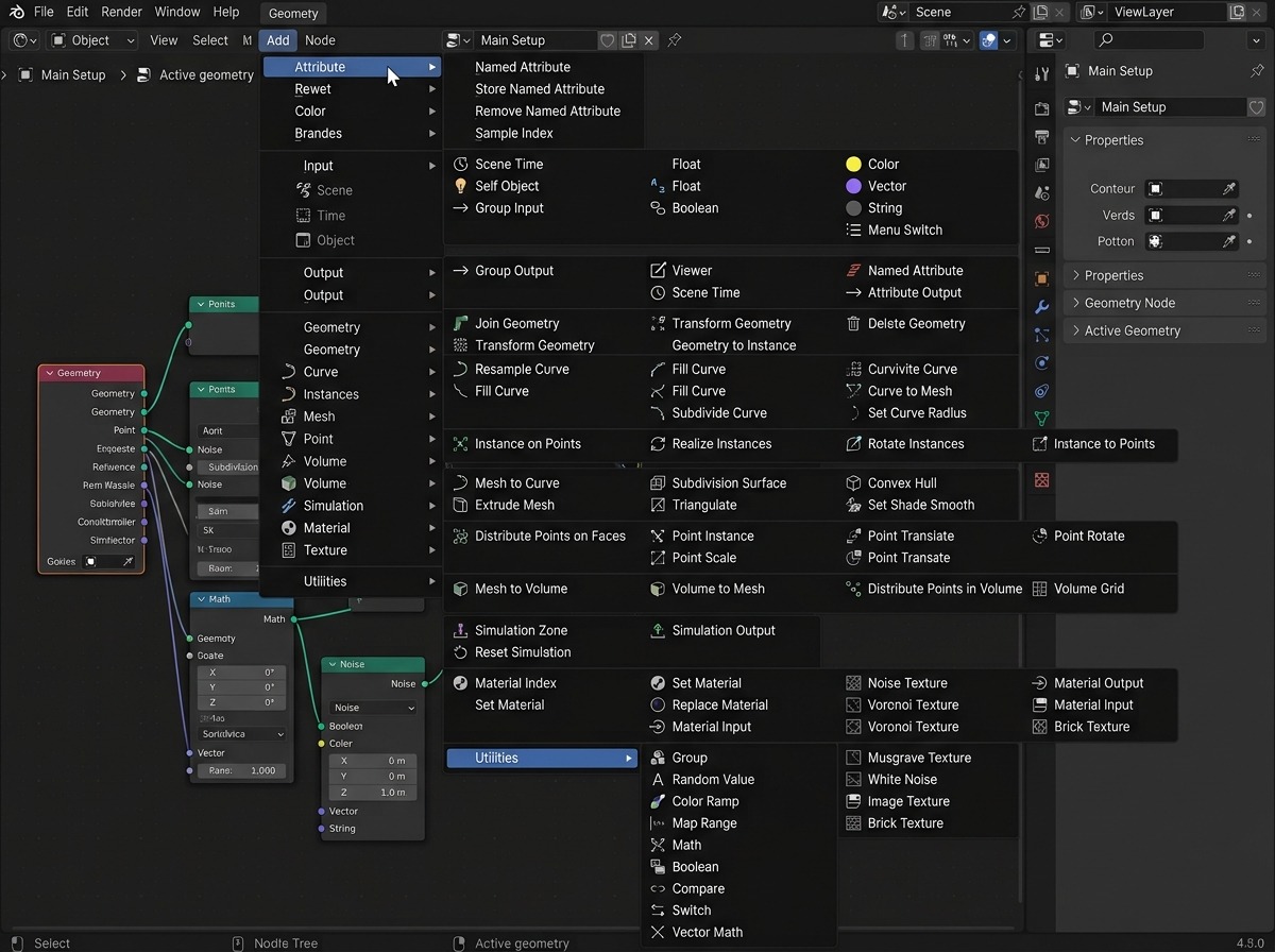 Het Add-menu (Shift+A) van de Geometry Node Editor, volledig opengeklapt over de nodeboom: een verticale lijst met alle dertien categorieën (Attribute, Input, Output, Geometry, Curve, Instances, Mesh, Point, Volume, Simulation, Material, Texture, Utilities), elk met een pijltje naar een submenu ernaast.