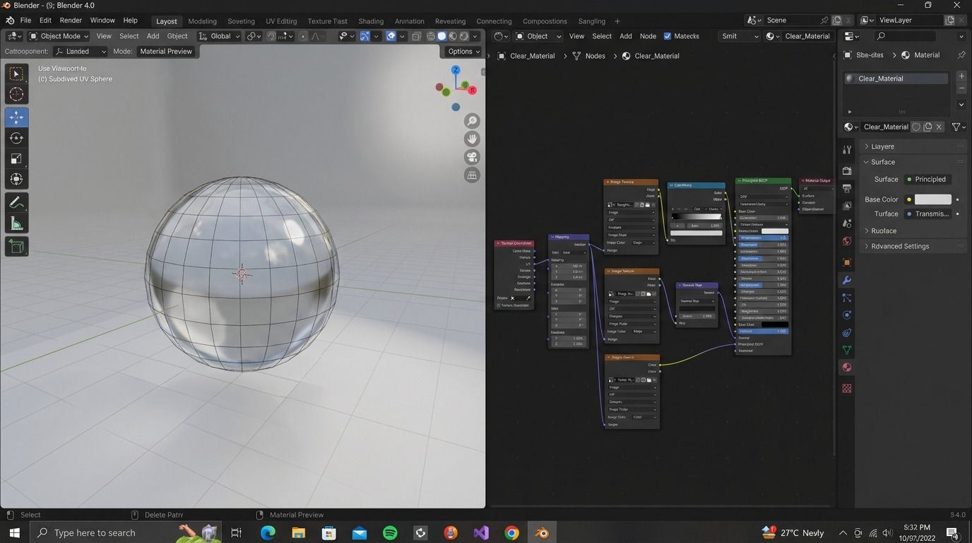 De Shading-workspace met de 3D Viewport in Material Preview naast de Shader Editor: links een object met een duidelijk materiaal onder neutrale studio-belichting, rechts een nodeboom met een Principled BSDF-node aangesloten op een Material Output-node, met enkele textuurnodes ervoor gekoppeld.