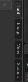 De vier verticale sidebar-tabs aan de rechterkant van de Image Editor: Tool, Image, View, Scopes.