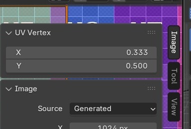 Het 'UV Vertex'-paneel (X/Y van de geselecteerde UV-punten) bovenaan de Image-tab, met Tool en View eronder in de tabkolom.