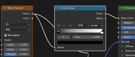 Sockets hebben een vaste kleur per type: grijs voor Factor (float), geel voor Color — een link kan alleen tussen gelijke (of automatisch te converteren) types.