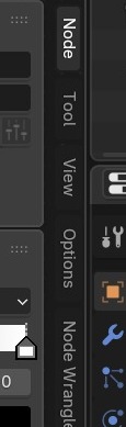 De sidebar-tabkolom: Node (actief, met naam/label/kleur van de Color Ramp-node), Tool, View, Options — en een vijfde tab omdat Node Wrangler aanstaat.