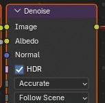De Albedo- en Normal-ingangen van Denoise staan hier los (alleen Image is aangesloten) — zonder die hulp-passes werkt de node minder overtuigend.