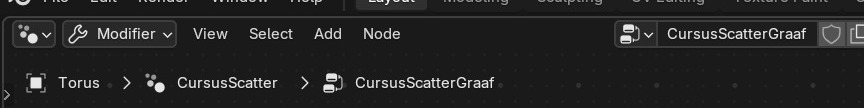 De breadcrumb bovenaan toont de hele keten: object (Torus) → modifier (CursusScatter) → node-groep (CursusScatterGraaf).