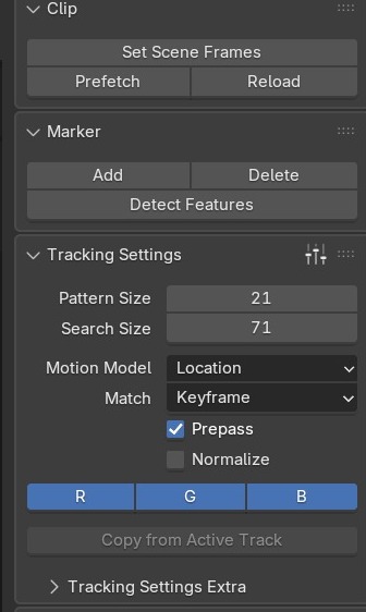 De toolbar in Tracking-modus: Add/Delete/Detect Features onder Marker, en Tracking Settings (Pattern Size, Search Size, Motion Model) eronder.