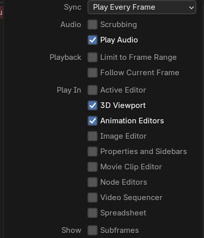 Playback → Sync (hier 'Play Every Frame') en Play In: Spatiebalk speelt alleen af in de aangevinkte editors — Properties/Sidebars staan hier bewust uit.