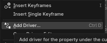 Rechtsklik op een property (hier Rotation Z) → Add Driver (Ctrl D), in het contextmenu tussen Insert Keyframes en Open Drivers Editor.