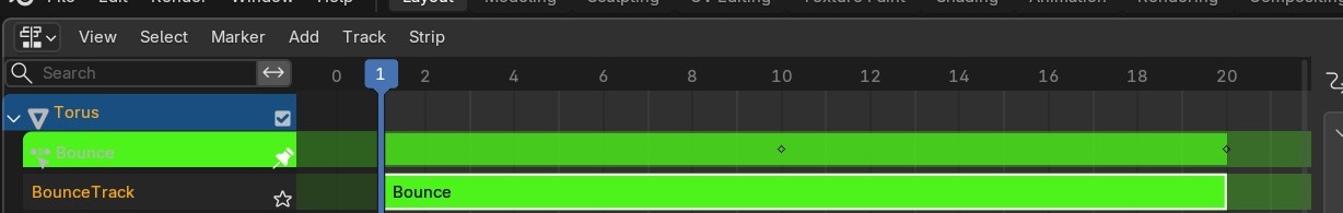 In Tweak Mode kleuren de bewerkte strip en zijn track fel groen — een duidelijk signaal dat je 'in' die ene strip zit in plaats van in de hoofdtijdlijn.