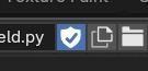 Het blauwe schild-icoon naast de bestandsnaam is de Register-toggle — hier aan, dus dit script draait automatisch mee bij het openen van het bestand.