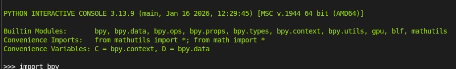 De banner herinnert eraan: C = bpy.context (wat nu actief is), D = bpy.data (alles in het bestand) — twee ingebouwde afkortingen die elke sessie automatisch klaarstaan.