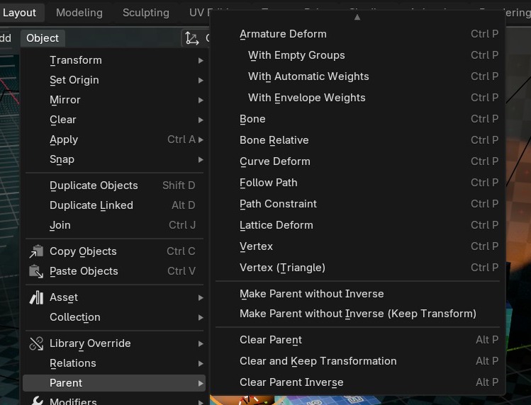 Het Object > Parent-submenu, met dezelfde opties als het Set Parent To-menu dat na Ctrl+P verschijnt.
