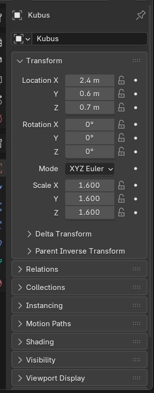 De Object Properties-tab met een niet-toegepaste schaal (1.6/1.6/1.6): na Ctrl+A > Scale komt hier weer netjes 1.0/1.0/1.0 te staan.