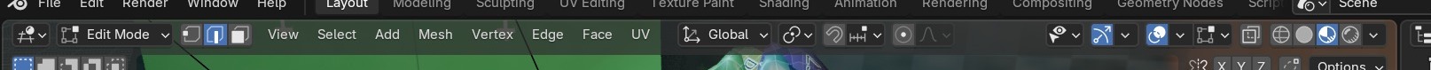 In Edit Mode op een mesh heet het knopmenu 'Mesh', met Vertex/Edge/Face/UV ernaast — in Object Mode staat op exact dezelfde plek 'Object'.