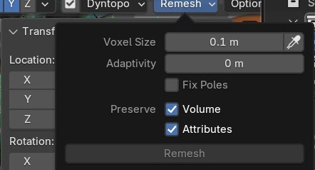 Het Remesh-uitklappaneel in de header: Voxel Size, Adaptivity, Fix Poles, en Preserve Volume/Attributes.