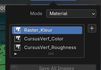 De Texture Slots-lijst opengeklapt: drie canvassen (Raster_Kleur actief, plus CursusVerf_Color en CursusVerf_Roughness) om tussen te wisselen zonder de penseelinstellingen te verliezen.