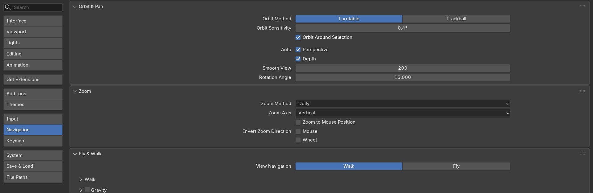 Emulate Numpad, Orbit Around Selection en Tablet API, de drie instellingen naast elkaar in Preferences.