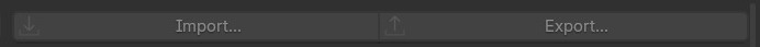 De Import... en Export...-knoppen bovenaan de Keymap-tab, elk met een eigen pijl-icoon.