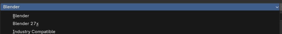 De keyconfig-dropdown bovenaan de Keymap-tab, opengeklapt: Blender (actief), Blender 27x, Industry Compatible.