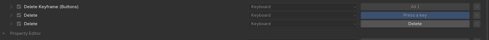 Een regel uit de Keymap-lijst met het toetscombinatieveld aangeklikt: het veld toont 'Press a key', klaar om de volgende toetsaanslag als nieuwe binding te registreren.