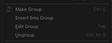 Make Group (Ctrl+G) en Ungroup (Ctrl+Alt+G) in het Node-menu — een Reroute voeg je apart toe via Add → Layout of Shift+rechtsklik-slepen.