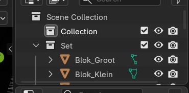 Eén object-regel met alle iconen: uitklap-driehoek, type-icoon, naam, en rechts de oog-/camera-kolom.