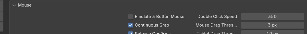 Preferences → Input → Mouse: Emulate 3 Button Mouse simuleert de middelste muisknop (orbit/pan) met Alt+linksklik op een muis met maar twee knoppen.