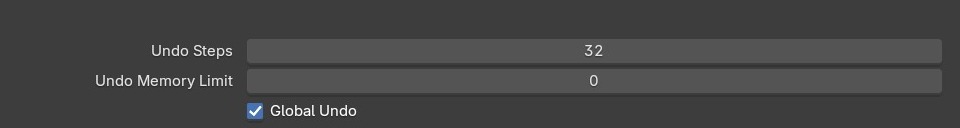 Preferences → System → Memory & Limits: Undo Steps op 32, Undo Memory Limit op 0 (onbeperkt) en Global Undo aan.