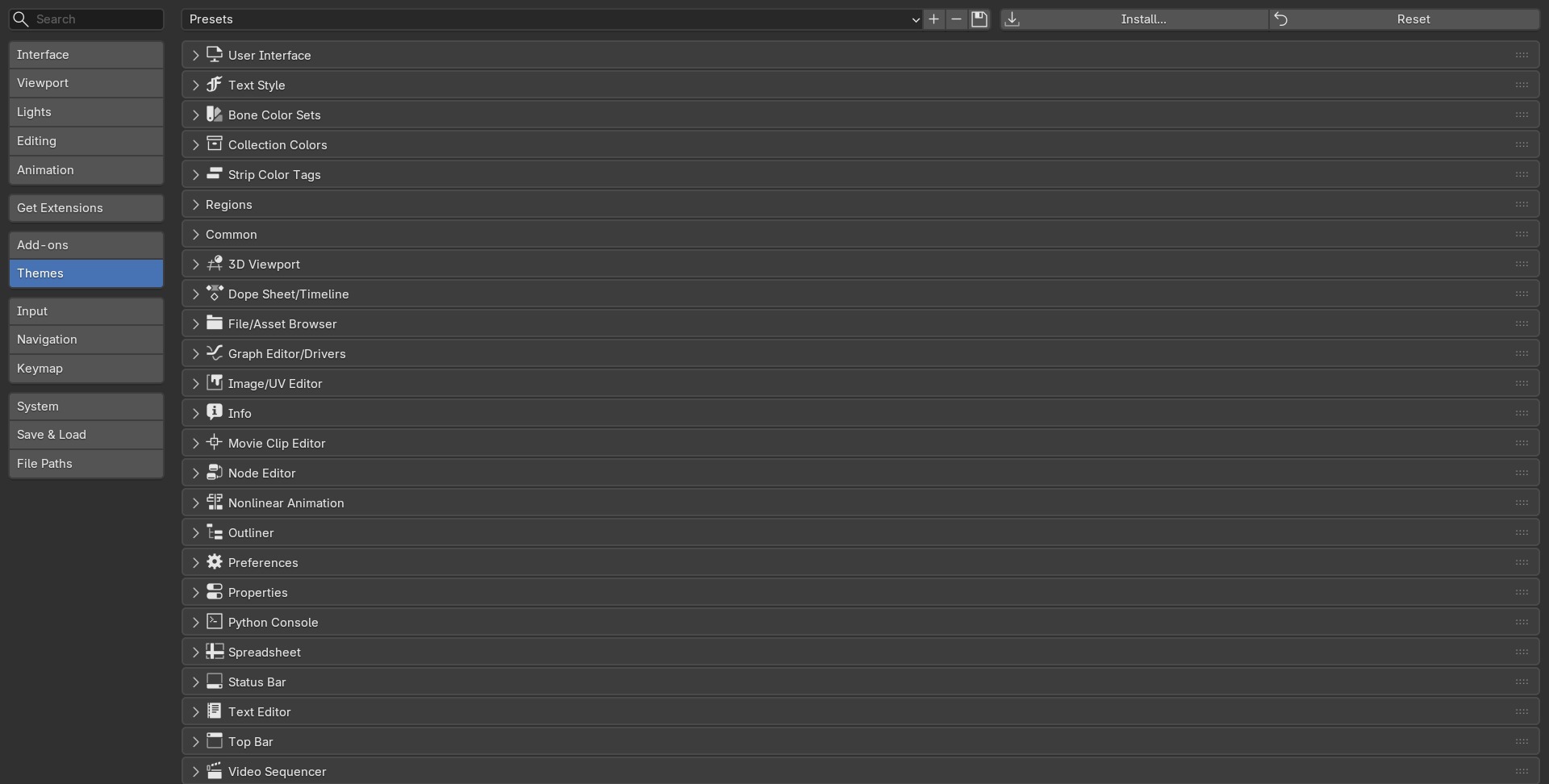 De uitgeklapte Themes-boom, met User Interface bovenaan en de editor-secties eronder.