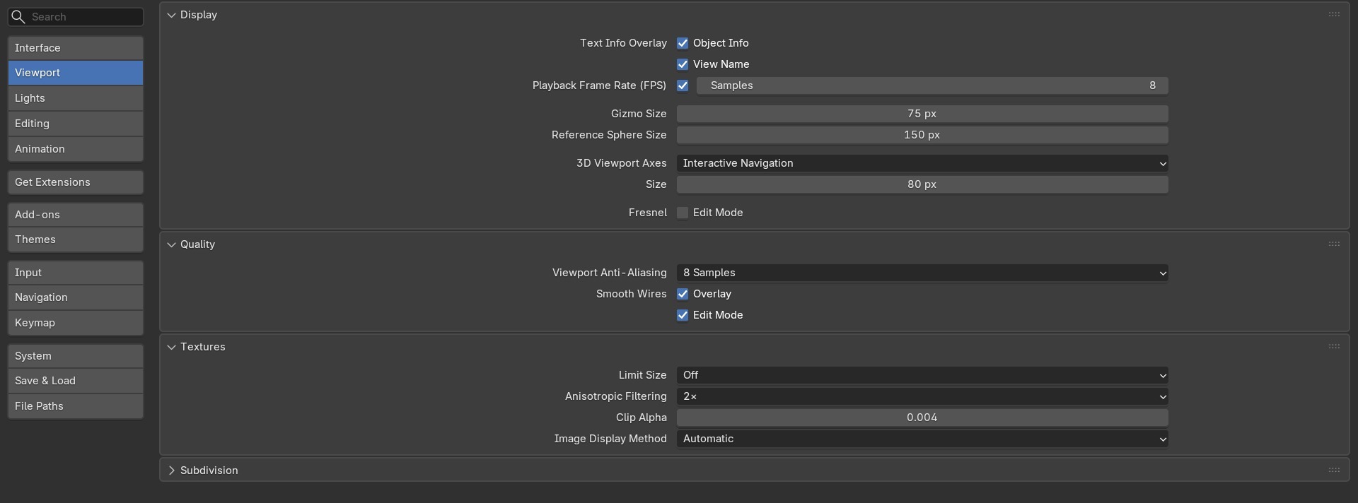 De vier panelen van de tab Viewport: Display, Quality, Subdivision, Textures.