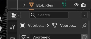 De breadcrumb boven Object Data Properties: objectnaam, een pijltje, dan de meshnaam — en daaronder de datablock-selector met naamveld.