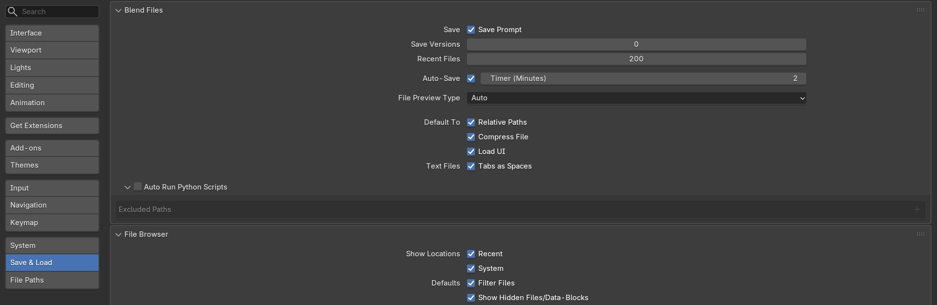De checkbox 'Relative Paths' onder Default To (Blend Files-paneel) — dit standaardgedrag geldt voor elke nieuwe koppeling, niet voor bestaande paden in een al opgeslagen bestand.