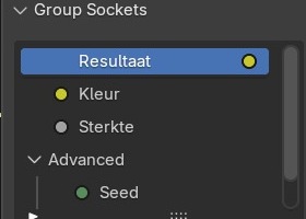 De N-sidebar (tab Item) van CursusVerwering: Resultaat/Kleur/Sterkte staan meteen zichtbaar, Seed en Octaves zitten weggestopt onder het ingeklapte paneel Advanced.