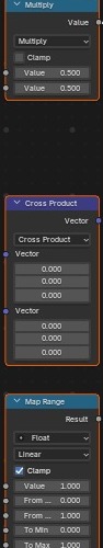 Math (Multiply), Vector Math (Cross Product) en Map Range onder elkaar — dezelfde drie rekenkundige bouwstenen die in bijna elke node-boom terugkomen.