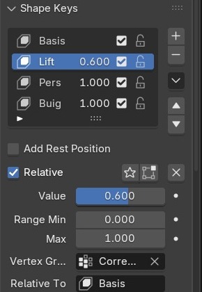 De actieve sleutel `Lift` in de lijst, met daaronder het paneel dat bij die ene rij hoort: Value, Vertex Group en Relative To.