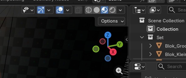De gizmo-toggles in de header (links) en de navigatiekubus rechtsboven in de viewport zelf.