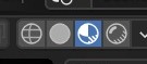De vier viewport-shading-knoppen rechts in de 3D Viewport-header, uitgesneden: Wireframe, Solid, Material Preview (hier actief, blauw gemarkeerd) en Rendered.