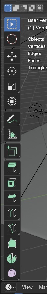 De toolbar met extra mesh-edit-tools, uitgeklapt in Edit Mode.