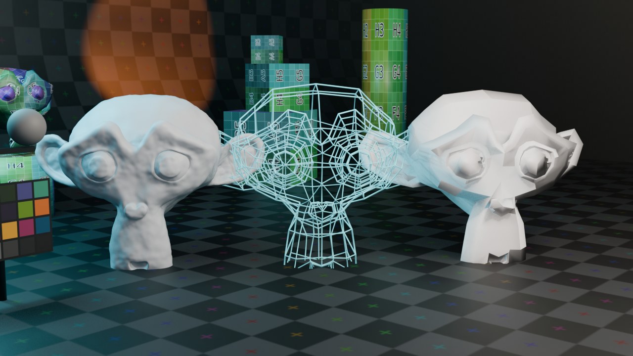 Een echte bake: Suzanne met Subdivision Surface + Displace (Clouds-textuur) als hoog-poly bron, een laag-poly Suzanne als doel, Cycles Selected to Active met Cage Extrusion 0.08.