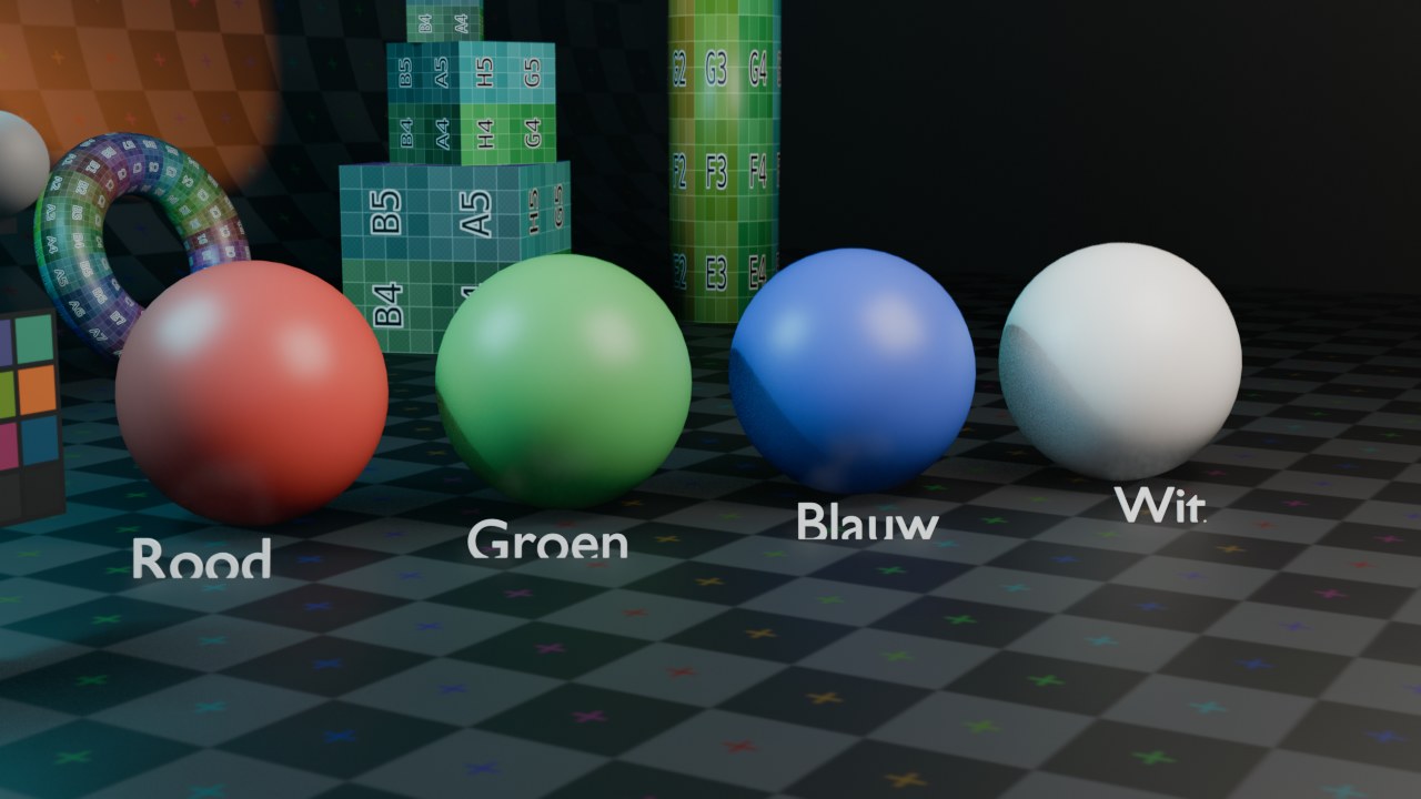 Vier bollen met dezelfde Roughness (0.4), enkel Base Color verschilt: de kleur zelf draagt geen belichting of schaduw in zich — dat doet de render erbovenop.