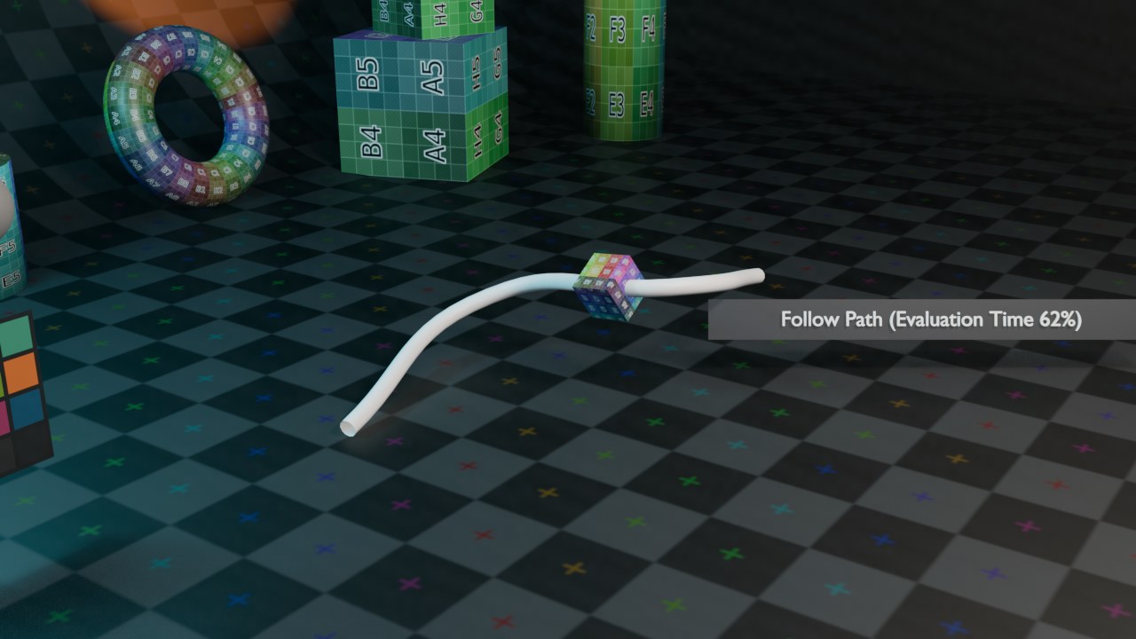 Follow Path stuurt hier een los object langs een curve — Spline IK gebruikt diezelfde curve-gedachte, maar dan om een hele botketen te buigen.