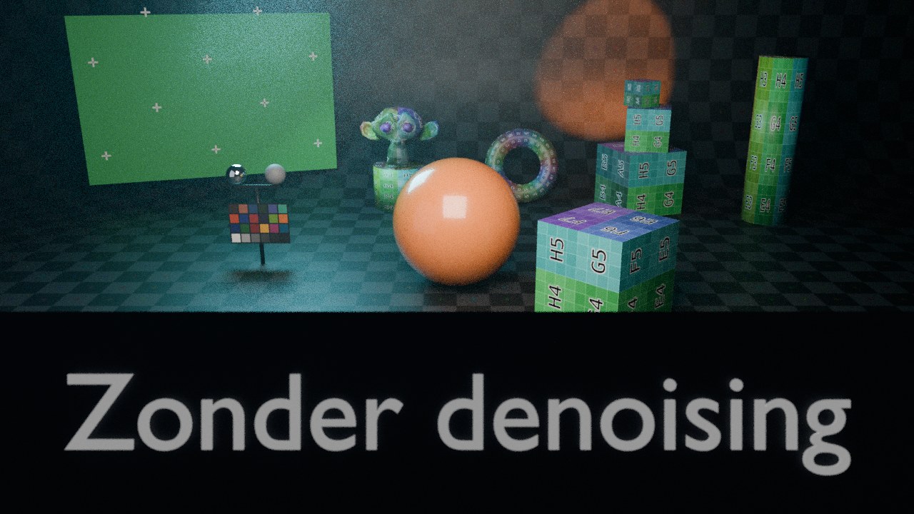 Dezelfde render op 32 samples zonder denoising — zichtbaar korrelig, vooral op de glanzende coat-laag van de bol en de chrome/grijze referentiebal.