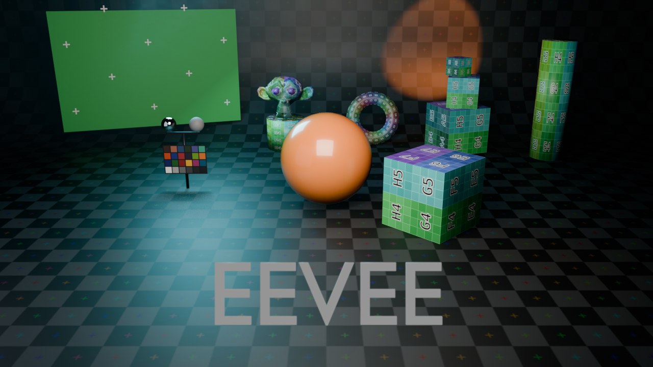 Dezelfde scène, gerenderd met de huidige EEVEE — de renderer die dit blad “gewoon EEVEE” noemt.