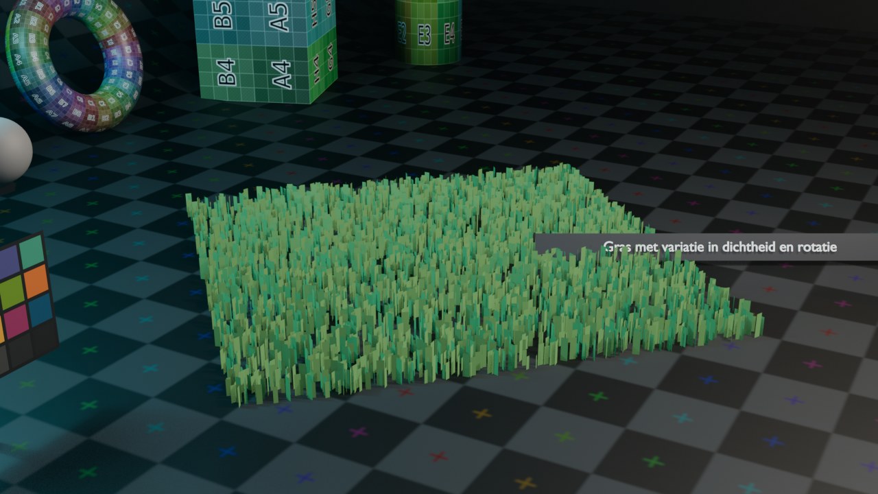 Distribute Points on Faces (Density gekoppeld aan een Noise Texture) + Instance on Points (Rotation = puntnormaal) + Random Value op Scale en op een Z-rotatie — een echte, headless gerenderde opbouw, zie hoofdstuk 88, opbouw 4.
